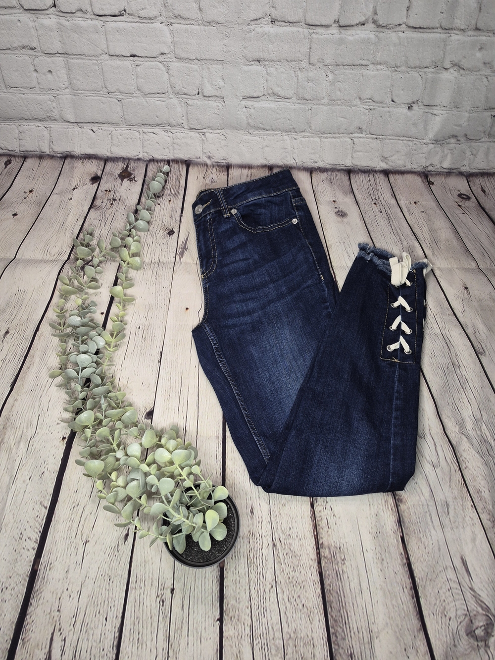 High-Rise Dark Blue Skinny Jeans with Side Lace-Up